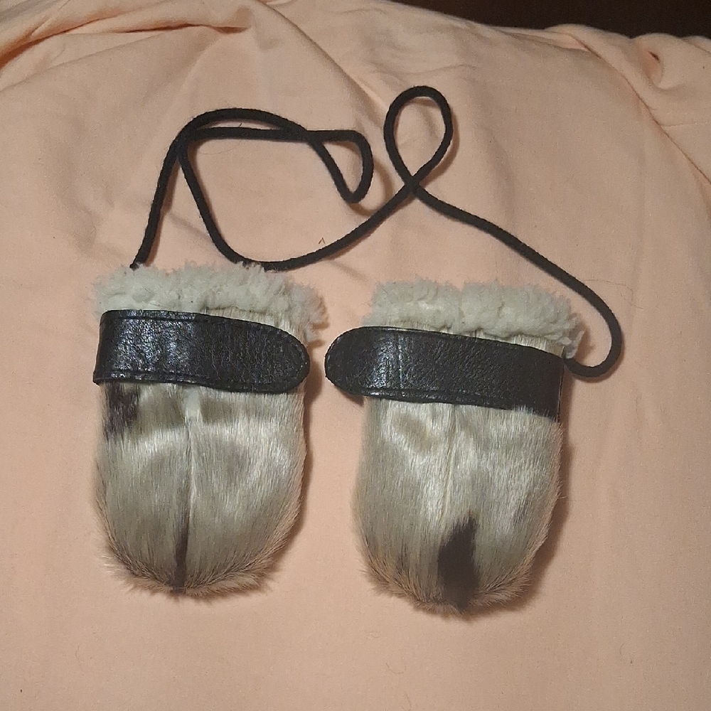 Faux Fur Hand Muffs with Leather Trim and Tie Strap - Beige